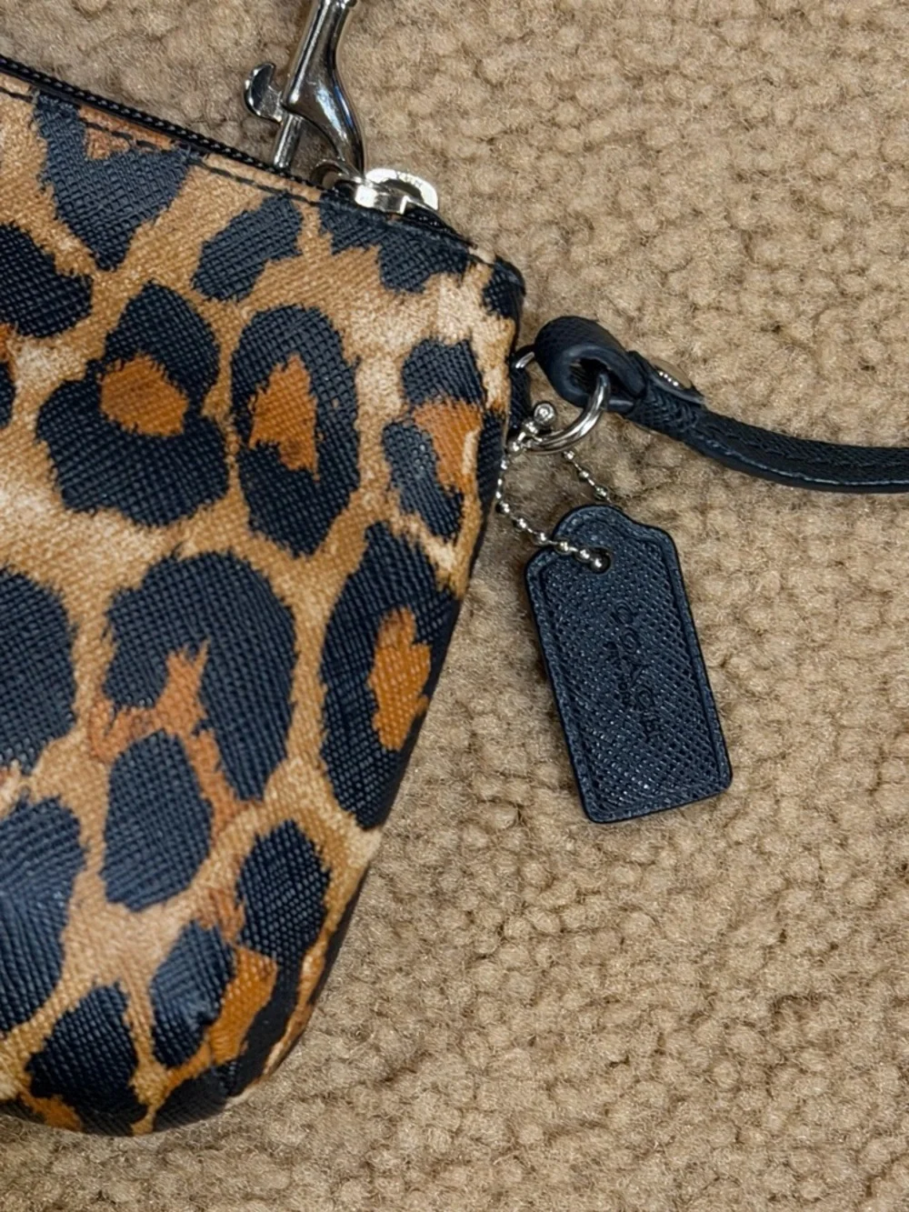 Coach Ocelot Leopard Print Wristlet with Front Pocket - Silver Tone